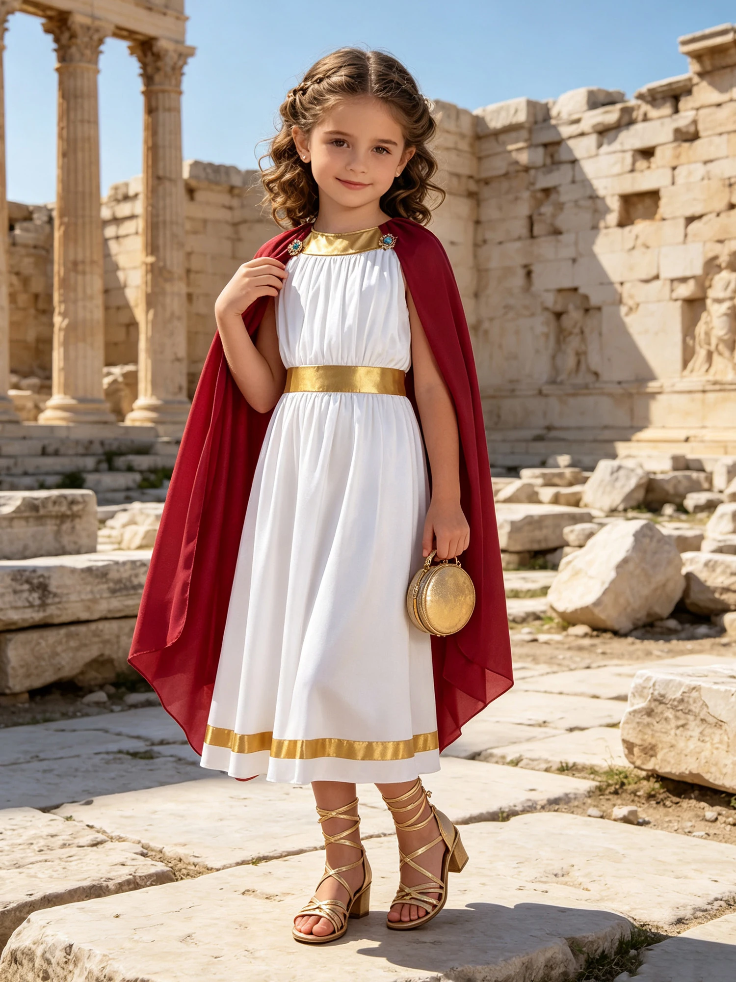 Kids Girls Ancient Greek Costume Greece Outfit Metallic Trim Roman Robe Sleeveless Dress for Halloween Role-playing Theme Party