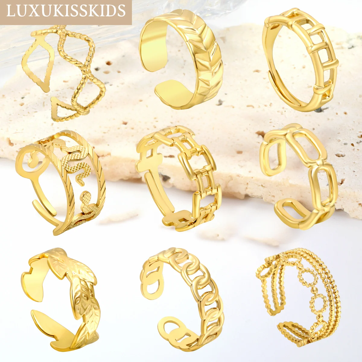 LUXUKISSKIDS Boho Twist Bead-Shape Rings for Women Vintage Opening Stainless Steel Cuff-Ring Aesthetic Dating Jewelry Adjustable