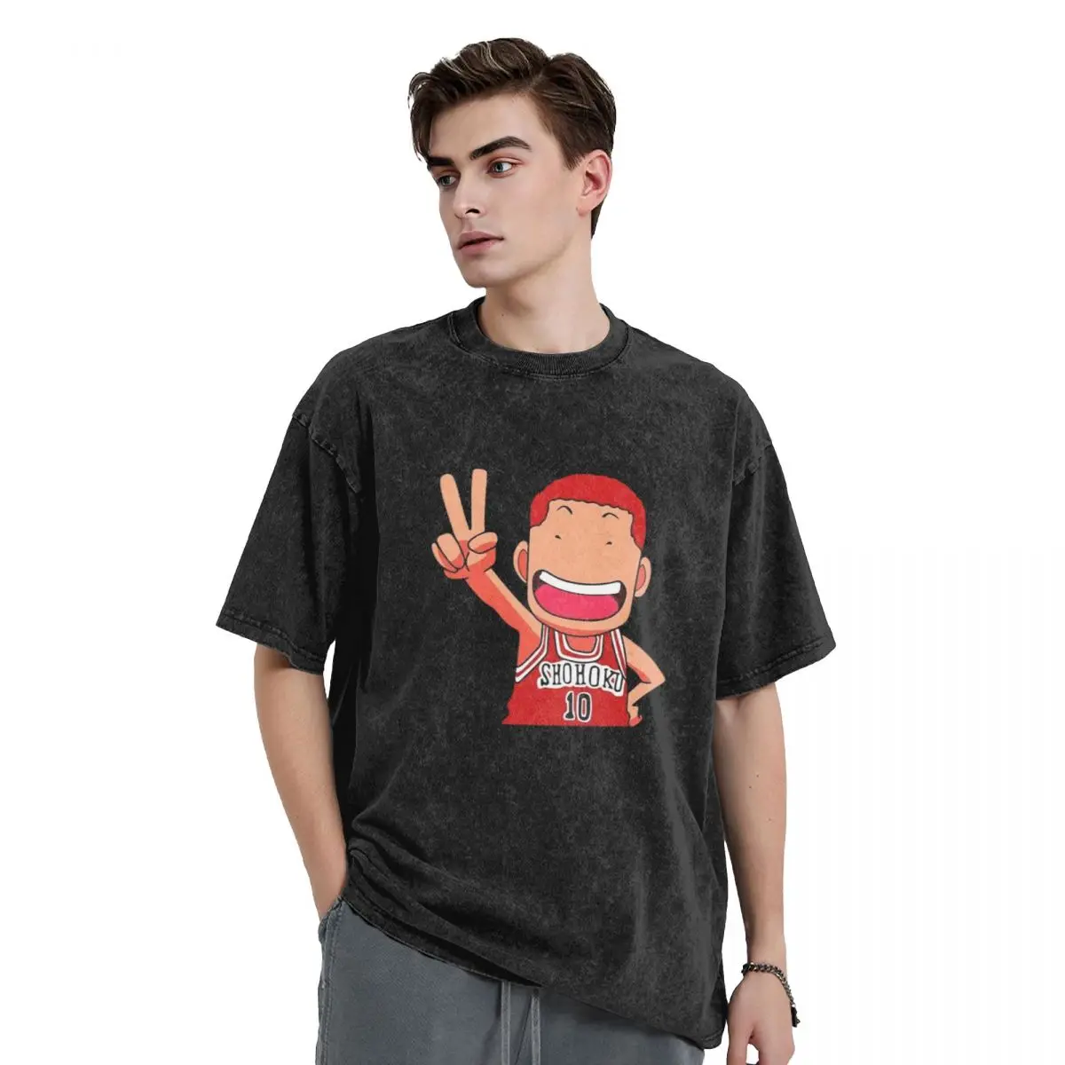 Sakuragi Hanamichi Chibi Peeker Slam-Dunk Funny Retro Washed T Shirt Men's Fashion Gothic Tshirts Male Cool Oversized Tshirt Y2k