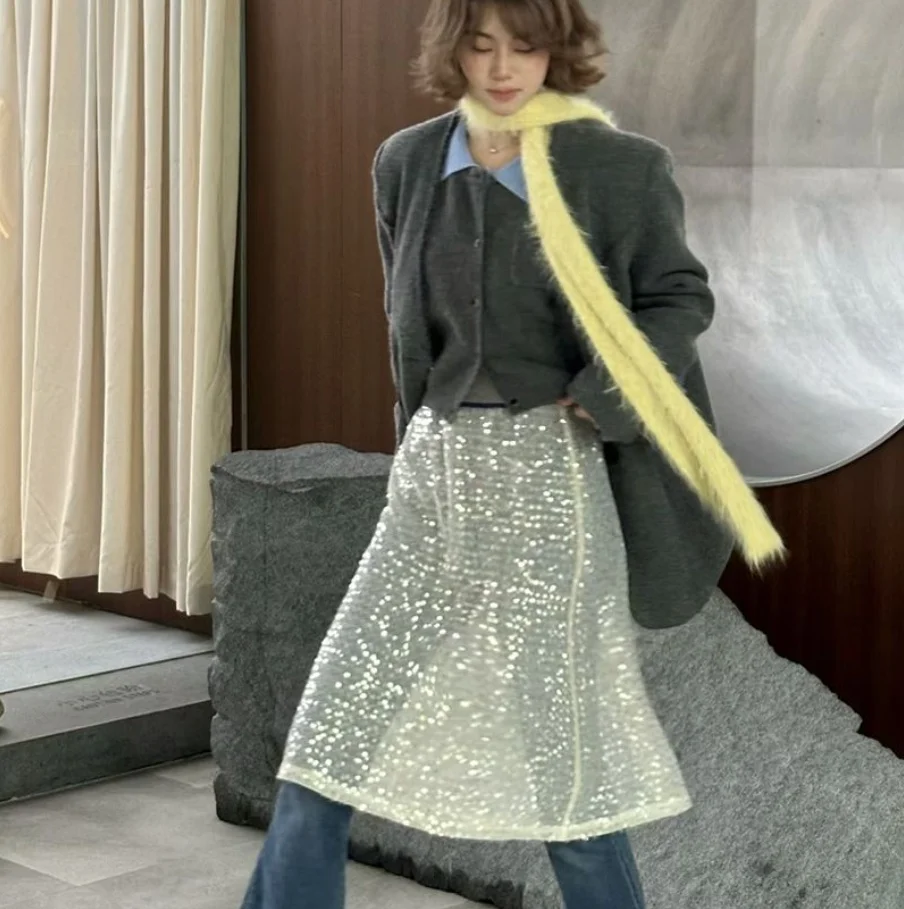 

Summer 2025 Oversized Glitter Two-Piece Set with Skirt High Waist Korean Sle Pearl Embellied Polyester Fiber Ci Walk Ca...