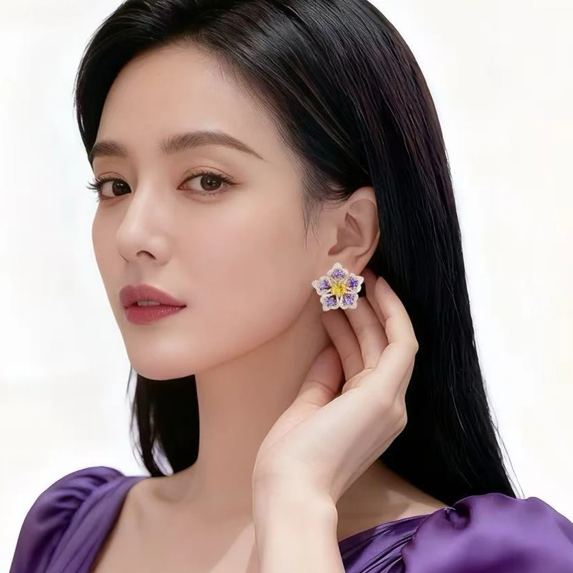 1 пара серебряных, фиолетово-желтых серег-гвоздиков с цветочными кристаллами для элегантной гала-моды, женские ювелирные изделия, подарок на день рождения