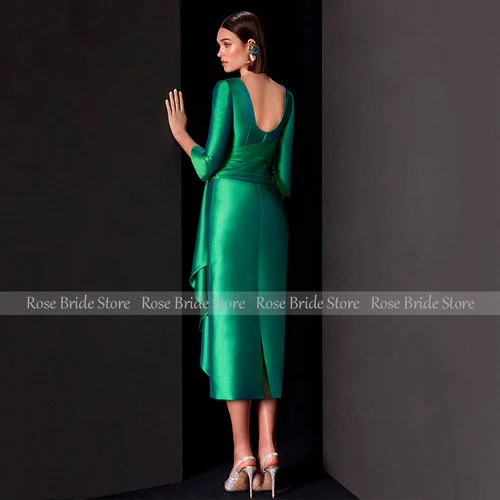 Imagen 2 del producto Vestidos de invitados de boda verdes Columna Escote en V Mangas 3/4 Vestido midi para madre de la novia Vestidos de fiesta formales de satén con volantes hasta el té