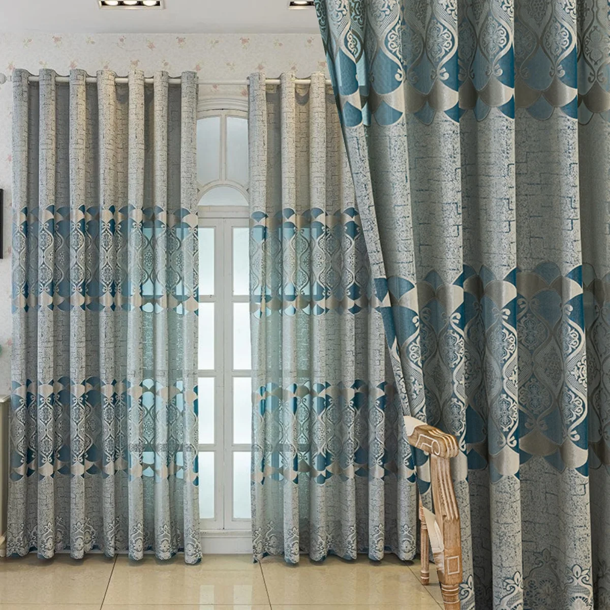 Luxuriöser, moderner, mit Rautenmuster verdickter, lichtfilternder Balkonvorhang, Sonnenschutz im cremefarbenen Schlafzimmerstil, staubdichter Fensterschutz