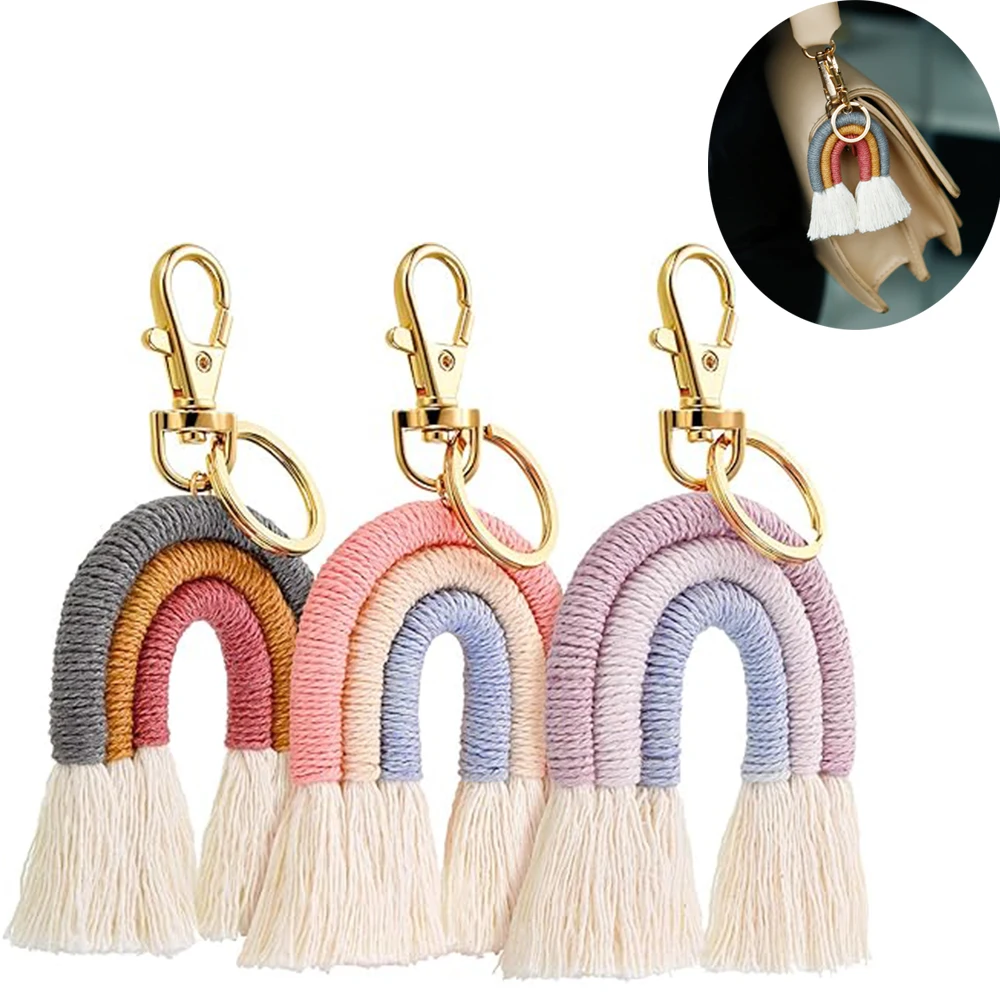 

Boho Rainbow Pom Pom Tassel Macrame Keychains for Women Girl Bag Handbag Charms Handmade Weaving Keyring Holder Accessories