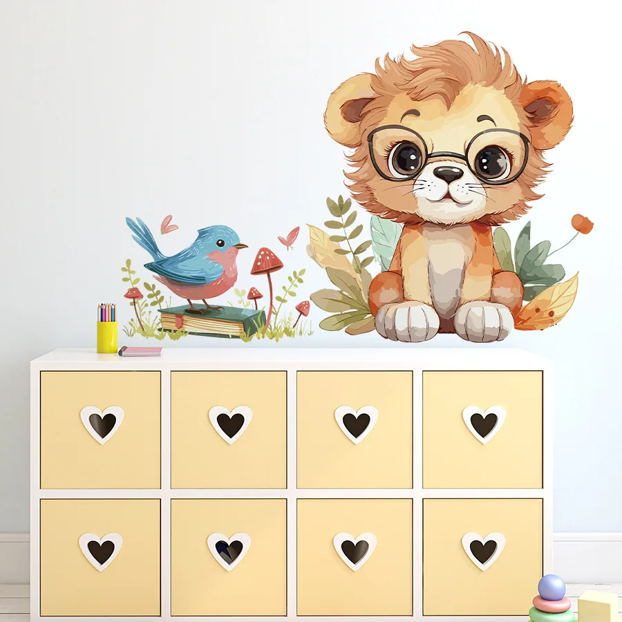 Watercolor Safari Lion Bird Wall Sticker Cartoon Cute Animals Decals Self-adhesive for Kids Room Baby Bedroom Nursery Decoration