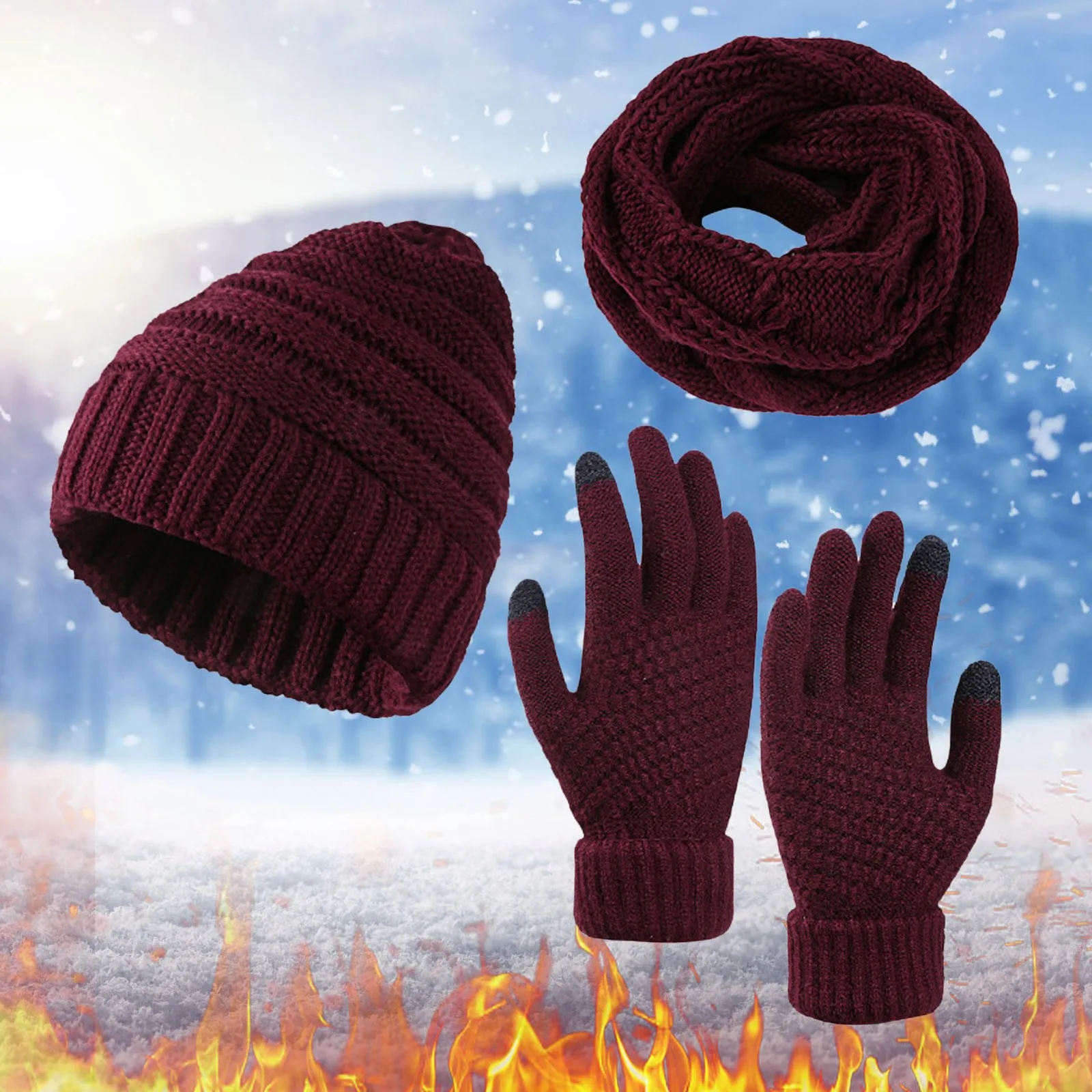 Gorro de lana cálido para hombre y mujer, bufanda, guantes holgados, tres piezas, gorro de punto para nieve, pantalla, Otoño e Invierno