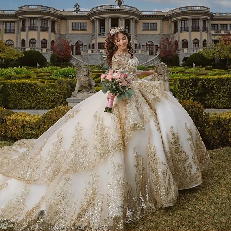 Золотое платье Quinceanera с пышной тюлевой аппликацией и длинными рукавами, Vestidos De, элегантное пышное вечернее бальное платье принцессы на день рождения