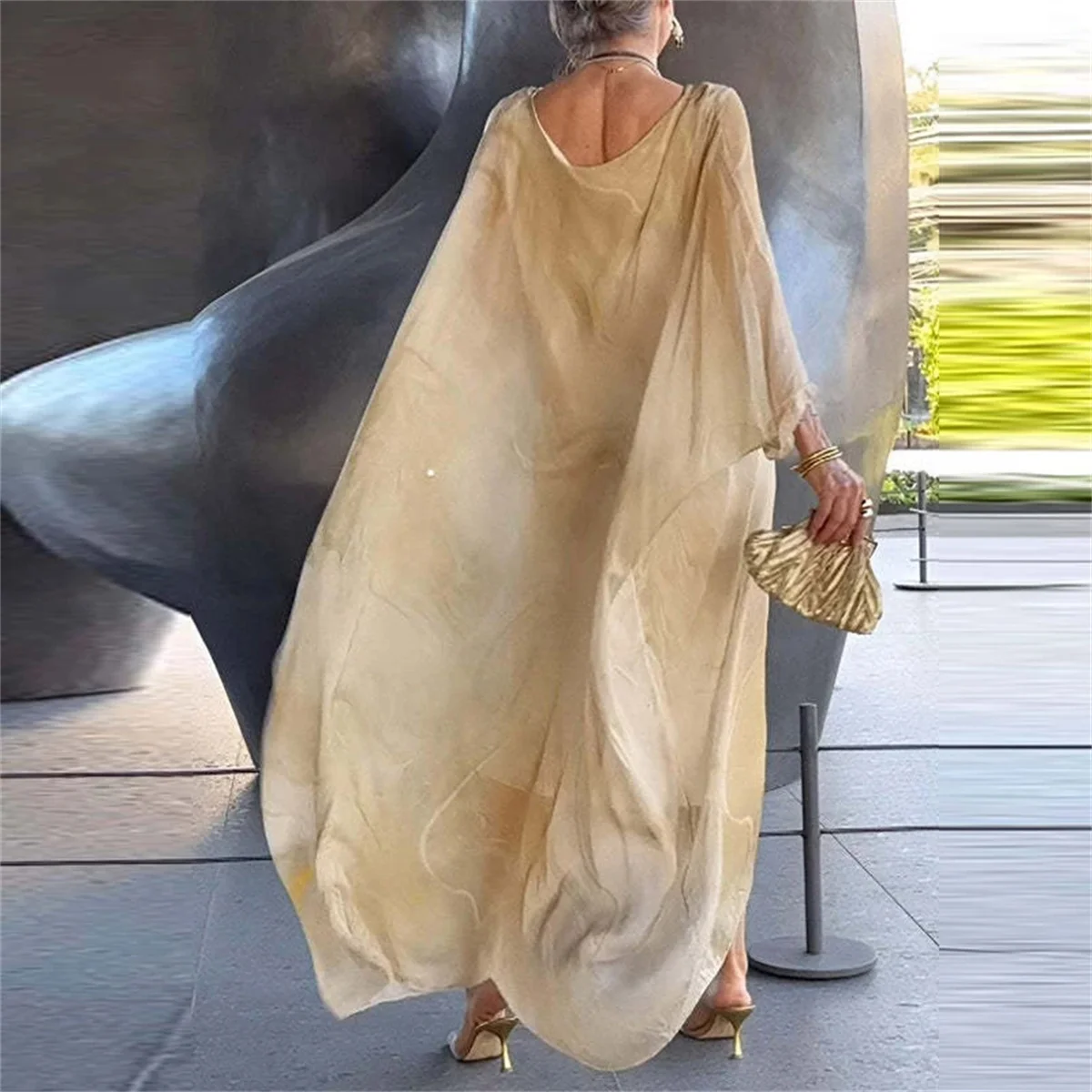 Women Fashion Print Long Dresses Marble Texture Dress O-neck Bat Sleeve Elegant Robe Spring Summer 2024 Party Casual Vestidos