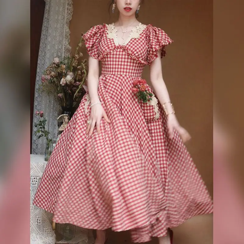 Elegant Plaid Midi Dress Woman French Style Short Sleeve Dress Even Party Casual Fashion Dress Lace Design 2023 Summer Chic