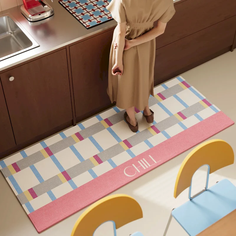 VIKAMA Pink Colorblock Grid Chill Kitchen Rug Floor Mat Runner Non Slip Washable Soft Absorbent For Home Decor