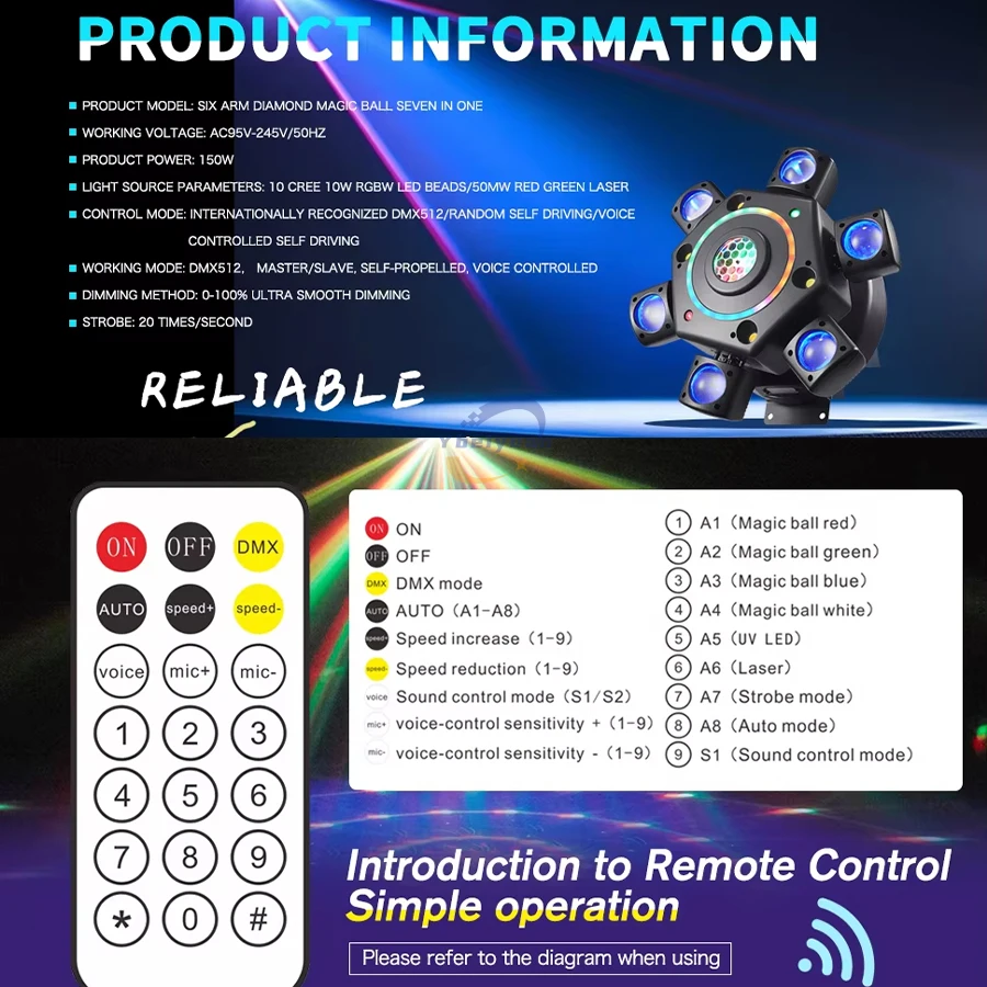 6-Arm LED Moving Head Light RGBW 4-in-1 Party DJ Light DMX512 Remote Control Suitable for Wedding Party Disco KTV Wedding Stage