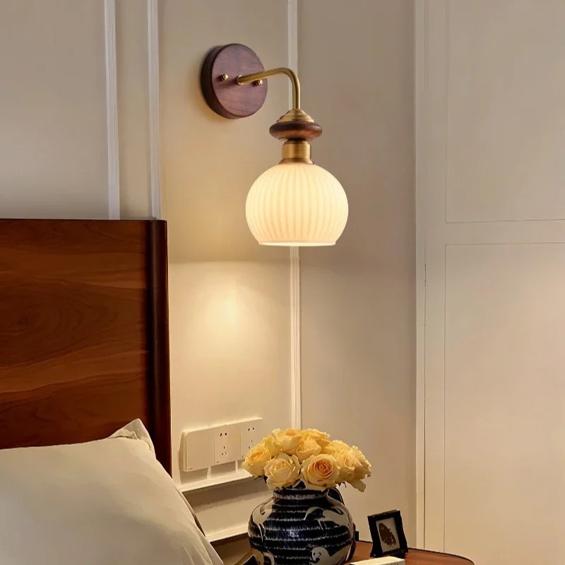 

bedroom, bedside lamp medium antique style, retro walnut shell, high-end corridor, aisle living room, background wall lamp