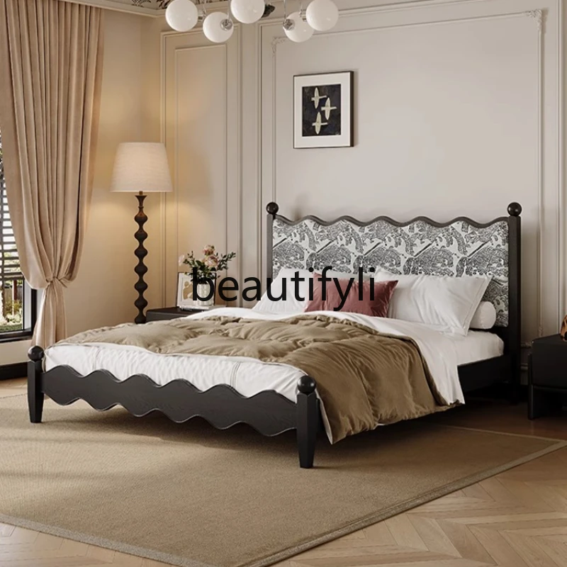 

French Style Solid Wood Bed New Retro Style Master Bedroom Solid Wood Vintage Style Wave Bed