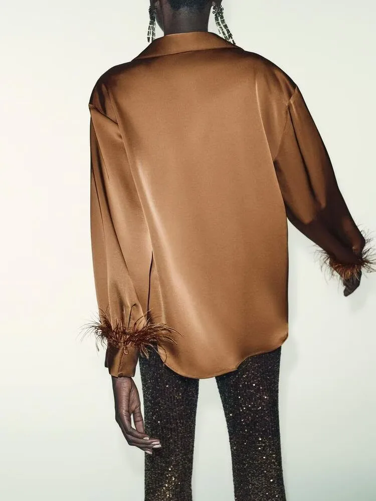 Ele Sweet Faionable Casual Feather Trim Silk Satin Feel irt Women's Winter New Arrival Multi-Purpose Sle 2025:Ele Sweet Faionable Casual Feather Trim Silk Satin Feel irt Women's Winter New Arrival Multi-Purpose Sle 2025