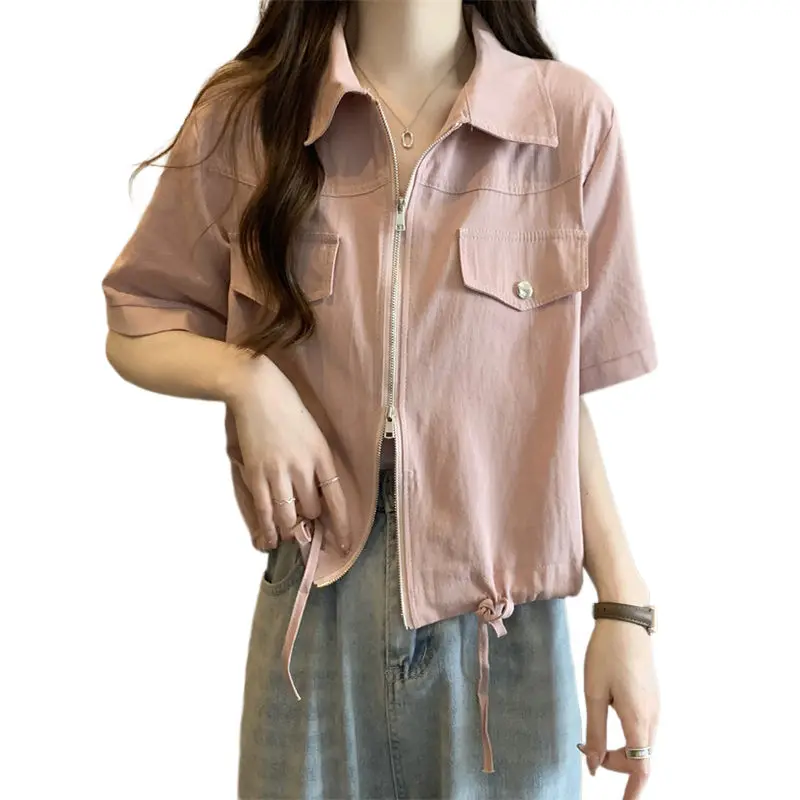 Ropa de talla grande para mujer, camisa de atuendo versión coreana, chaqueta de verano, parte inferior suelta y delgada, Tops cortos informales, Z1936