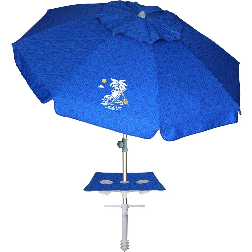 AMMSUN Beach Umbrella with Sand Anchor & Table Tray, Portable Heavy Duty Beach Umbrellas, 6.5ft Sun Outdoor Umbrella