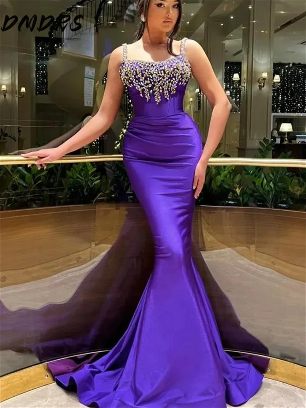 Sexy Spaghetti Strap Evening Gown Elegant Mermaid Party Dress Solemn Beaded Satin Gown Customized Vestidos De Novia