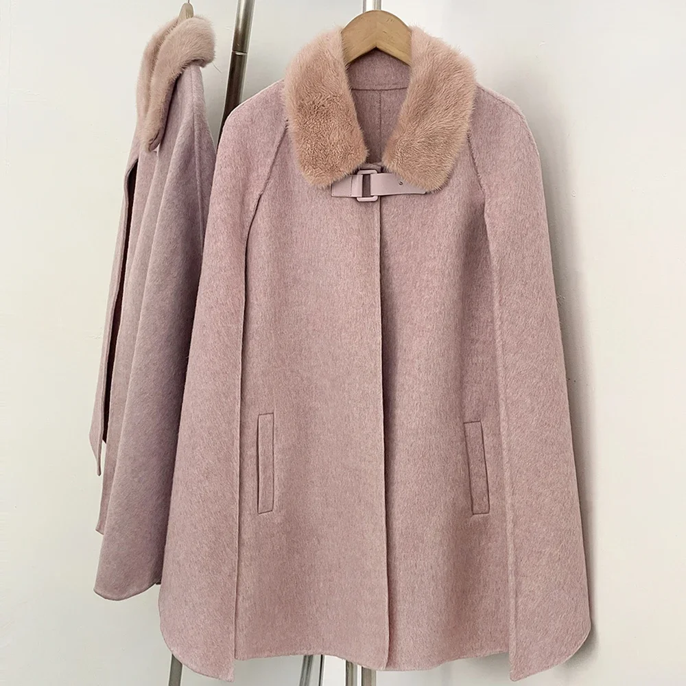 OFTBUY Neue Winter-Kaschmirkleidung Damen-Oberbekleidung Cape-Mantel Wollmantel Echter Nerzpelzkragen Schnallenverschluss Vorne Mittellange Wolljacke – Detail 10
