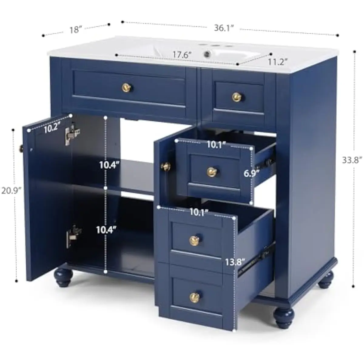 36 Inch Modern Bathroom Vanity Unit with Built-in Ceramic Sink • Solid Pine Frame & MDF Cabinet • Soft-Close Hinges • Five Smoot