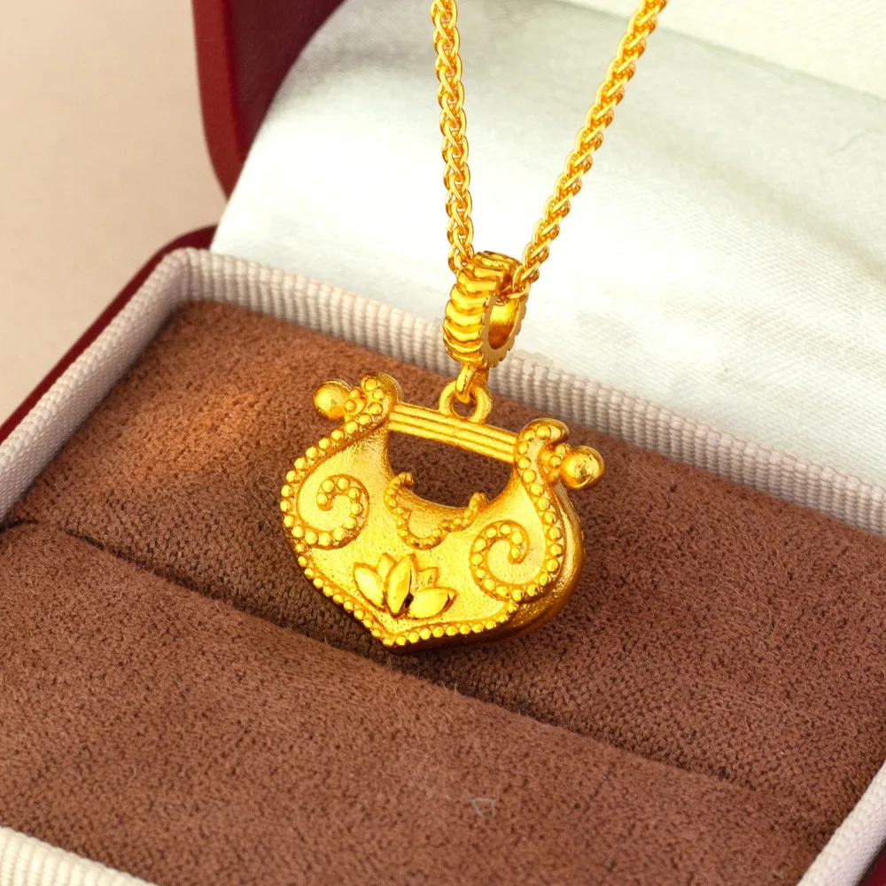 Lotus flower safe lock pendant for women new Chinese style all match collarbone chain jewelry 9999gold