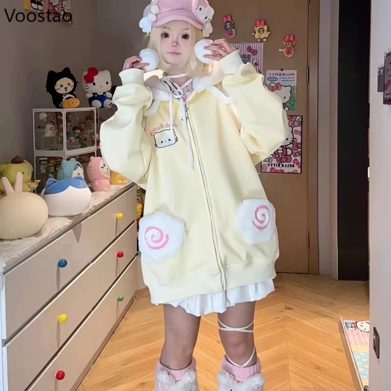 اليابانية Kawaii الكرتون التطريز لوليتا هوديس المرأة لطيف جيب فضفاض قمصان سويت شيرت بقلنسوة Y2k الجمالية عادية الجرونج هودي