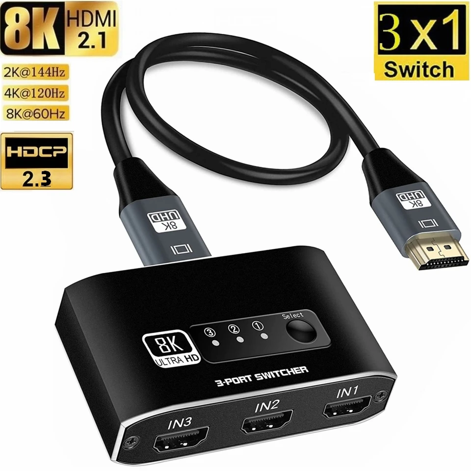 8K60hz 4K@120hz HDMI Switch Box 3x1 8K HDMI 2.1 Switcher Adapter With Cable 3 in 1 Out Converter HDCP 2.3 For PS4 PS5 Apple HDTV