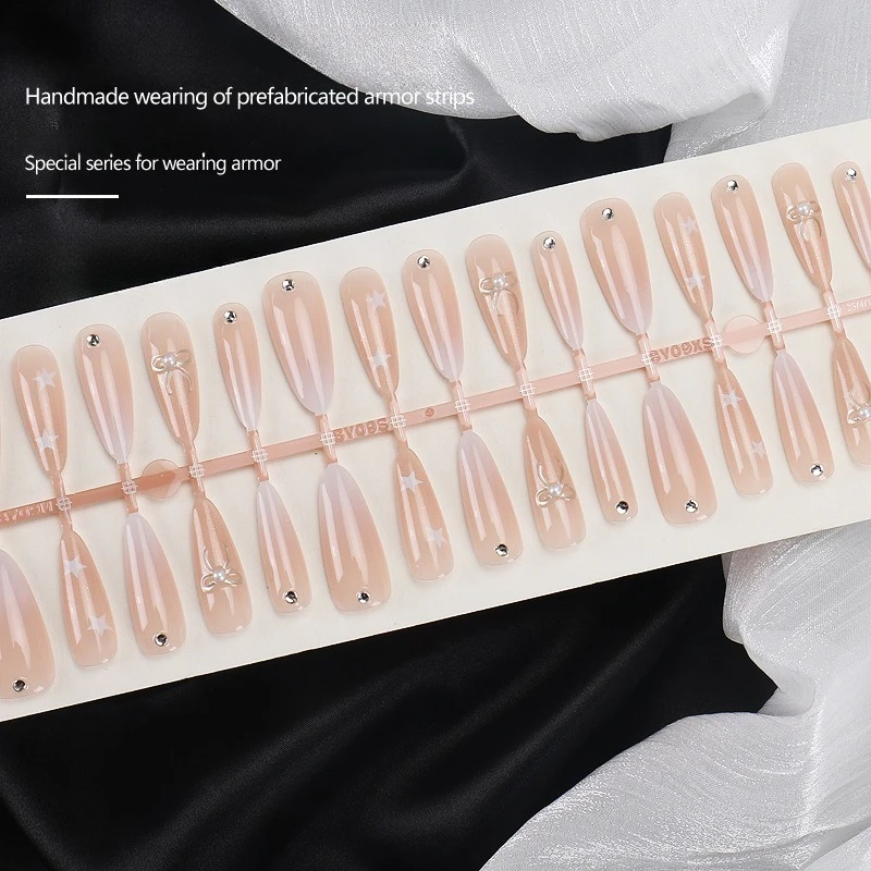 30枚入り グラデーションフェイクネイル スターボウノットプレスオンネイル グルー付き スプリングアーモンド 格安つけ爪 女の子用 取り外し可能