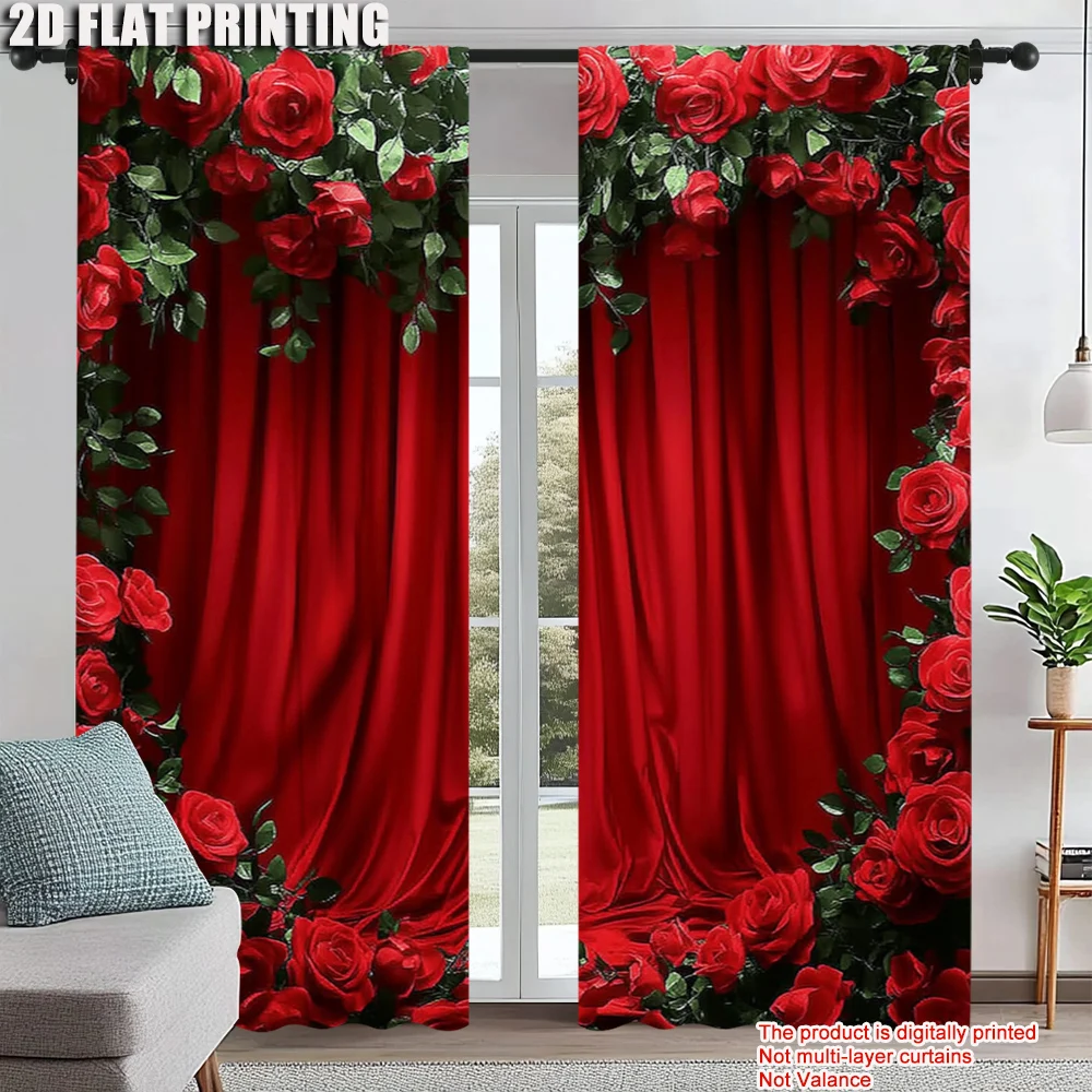 

2Pcs Red Rose Floral Elegant Window Curtain Suitable For Bedroom Living Room Dining Room Study Office Window Drapes Design For