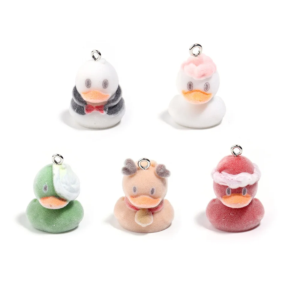 20Pcs 3D Cute Flocking Mini Colorful Duck Charms Cartoon Animal Resin Pendant Phone Keychain Necklace Earrings DlY Jewelry Make