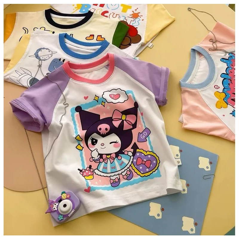 Anime Kawaii My Melody Cotton Short-Sleeved Boys Girls T-Shirt Summer New Cute Kuromi Fashionable Clothing Gifts for Kids