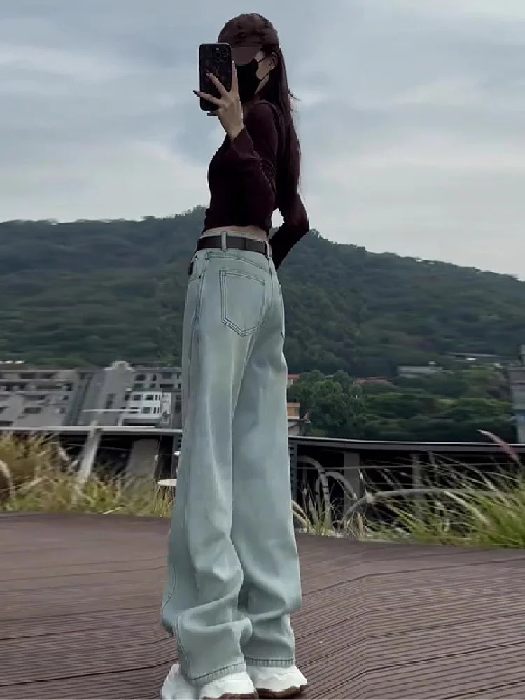 التخسيس ضوء Waed مستقيم الساق الجينز المرأة فضفاضة تناسب عالية الخصر بنطال ذو قصة أرجل واسعة عادية Sle الصيف الجينز #3