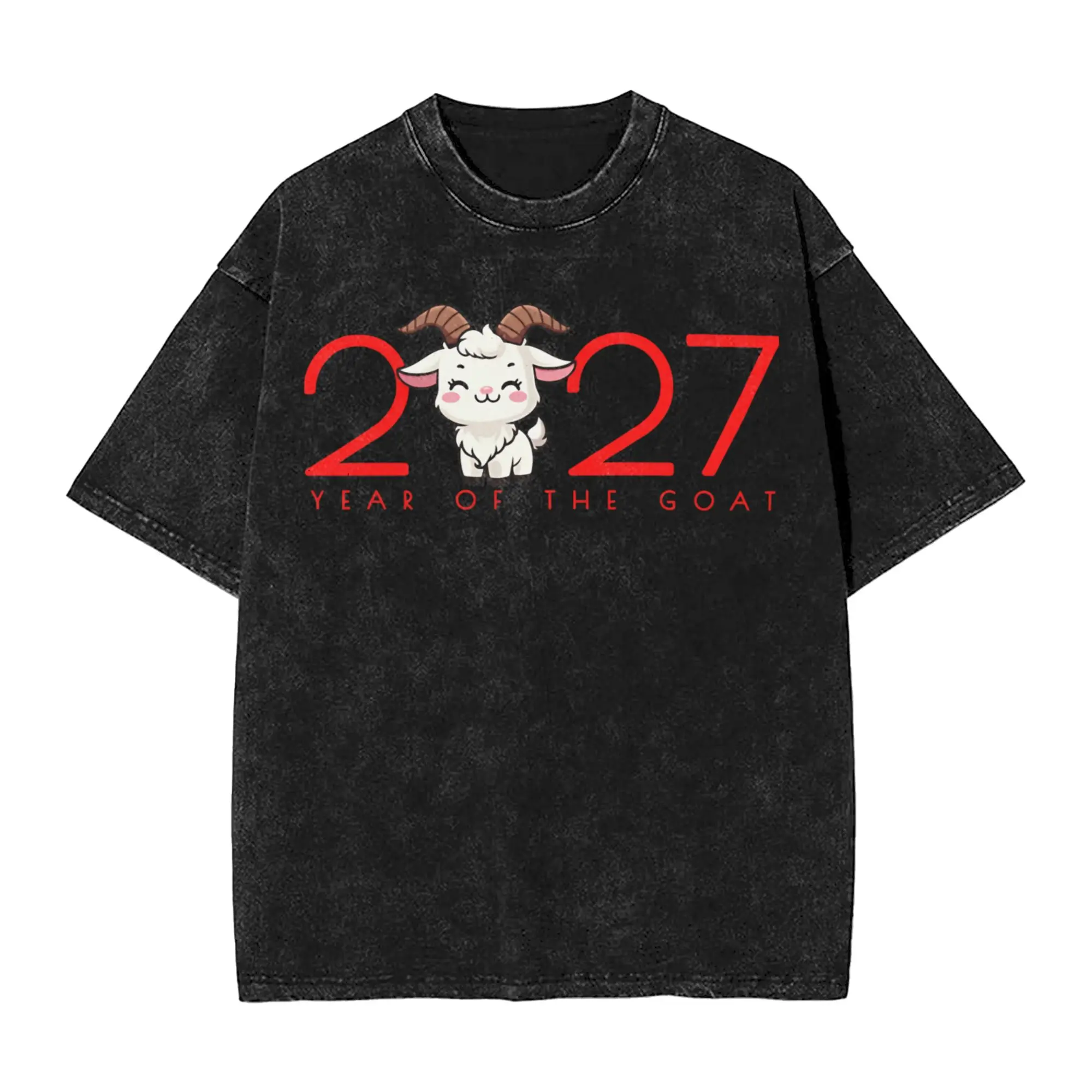 Printed Chinese New Year 2027 years of sheep goat Washed Shirts Merch Harajuku T-Shirt  Men Women Tee