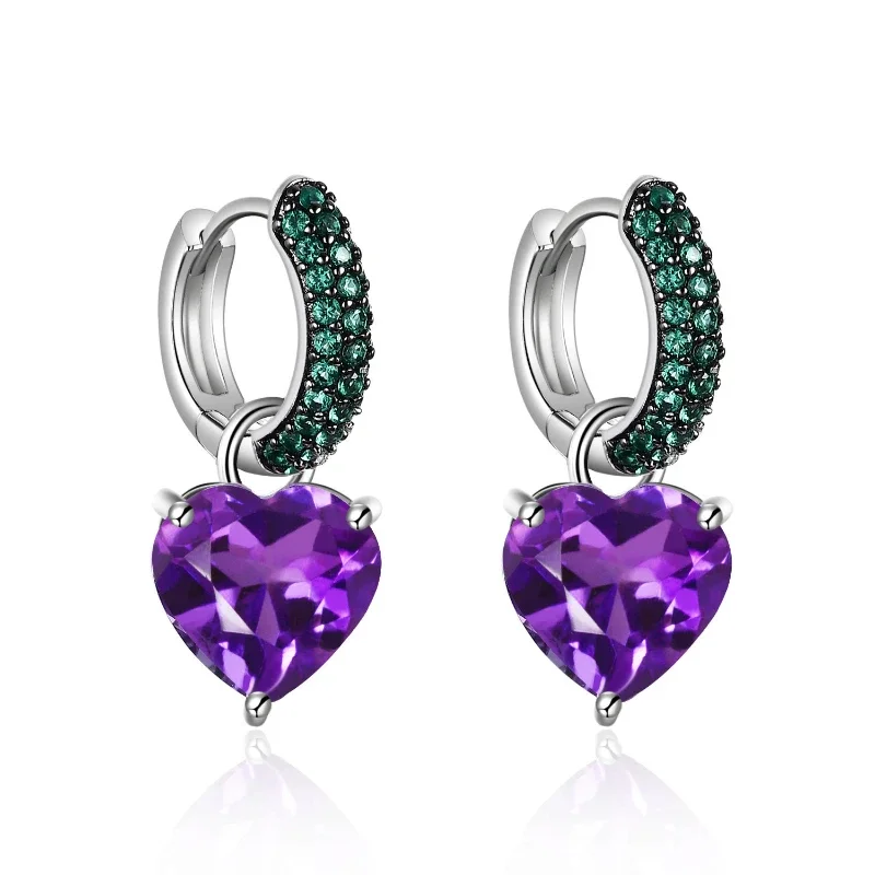 

S925 Sterling Silver Inlaid Natural Coloured Amethyst Earrings Thorn Bud Design Heart Gemstone Earrings