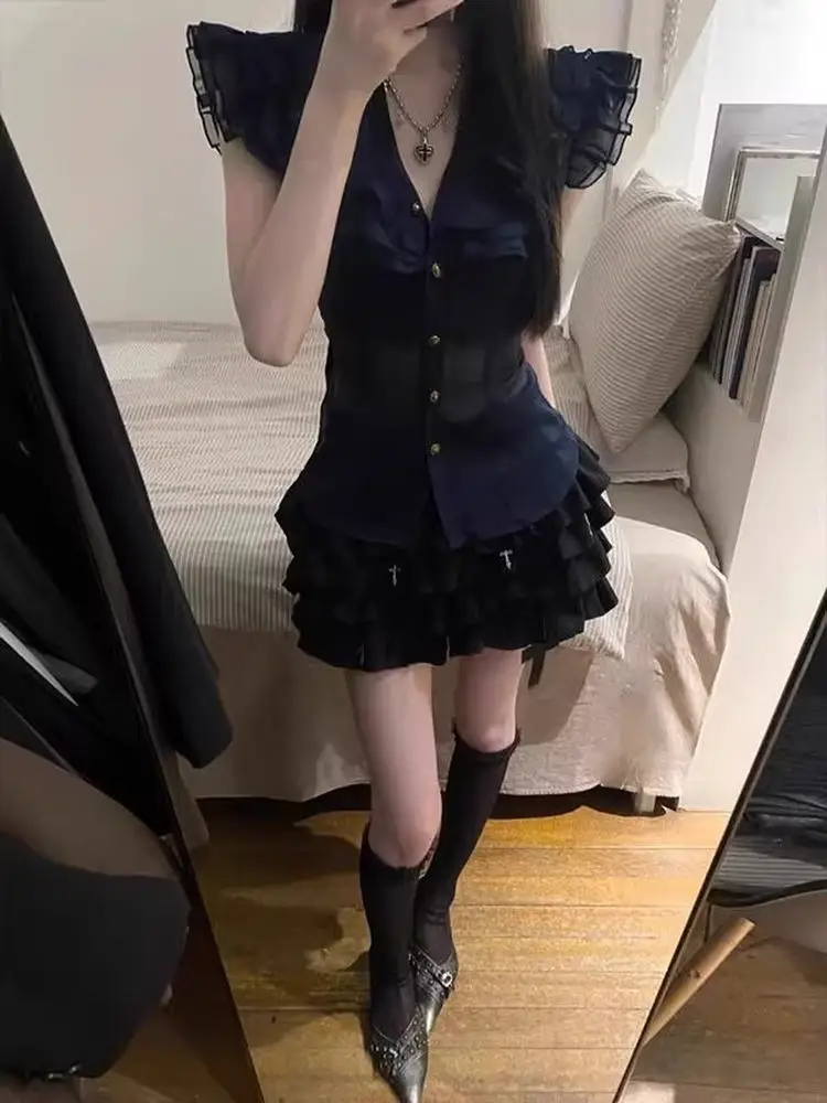 

Punk Sle Bla Cake Skirt Women's Summer New f-length Bouncing ort Skirt Subculture High-waist A-line Skirt