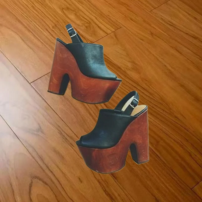 

Black Wood Pattern Shallow Sandals Chunky Heel Peep Toe Fashion Sexy Cool 2025 Summer Big Size Woman Shoes Zapatillas Mujer