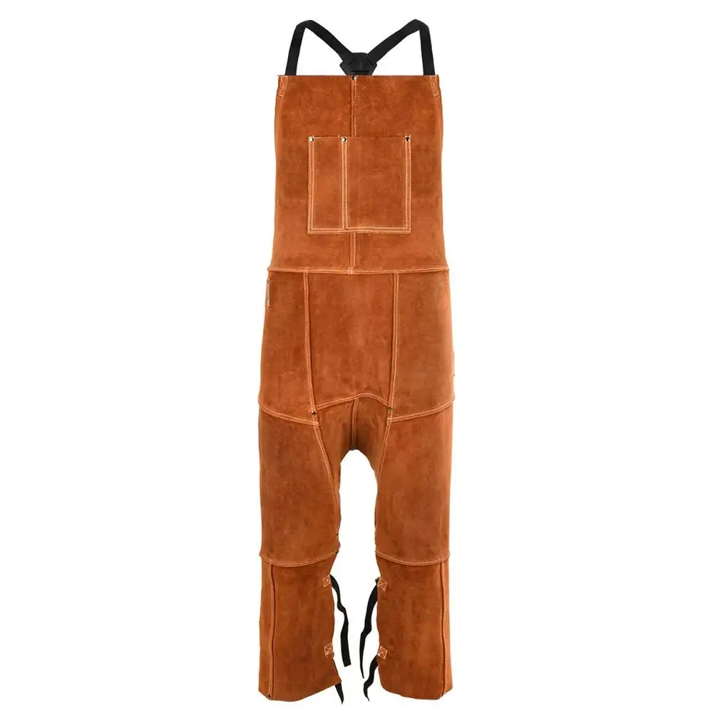 Split Leg Leather Welding Apron Flame Resistant Heavy Duty Bib Apron Tool Pockets Multi-Function Apron