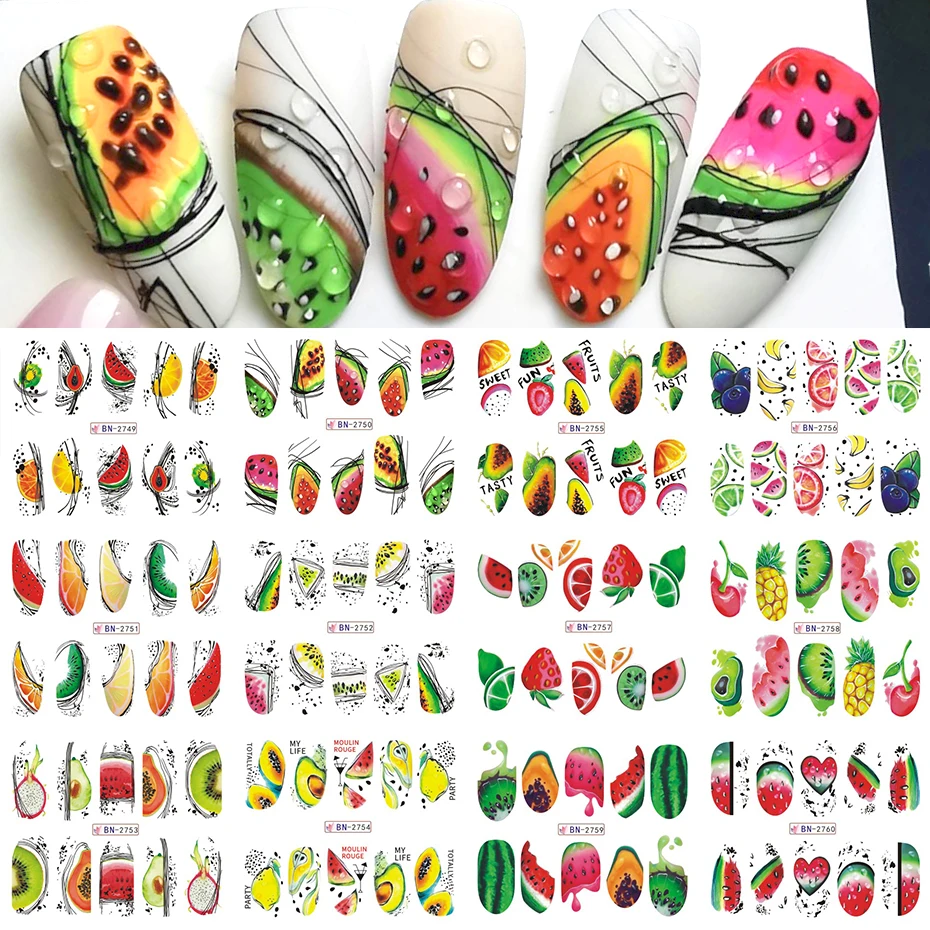 Deslizadores de uñas geométricos, calcomanías de diseño de aguacate, sandía, fruta de línea abstracta de agua, 12 piezas, láminas de tatuaje con dijes tropicales de verano