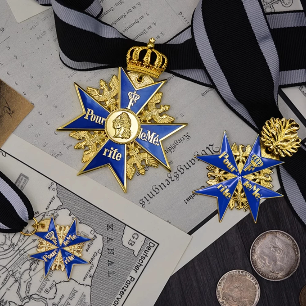 Medalla de cruz máxima azul de prusia, corona europea de Frederick, hoja de roble, insignia de medalla corpulenta, medalla de prusia, accesorios militares
