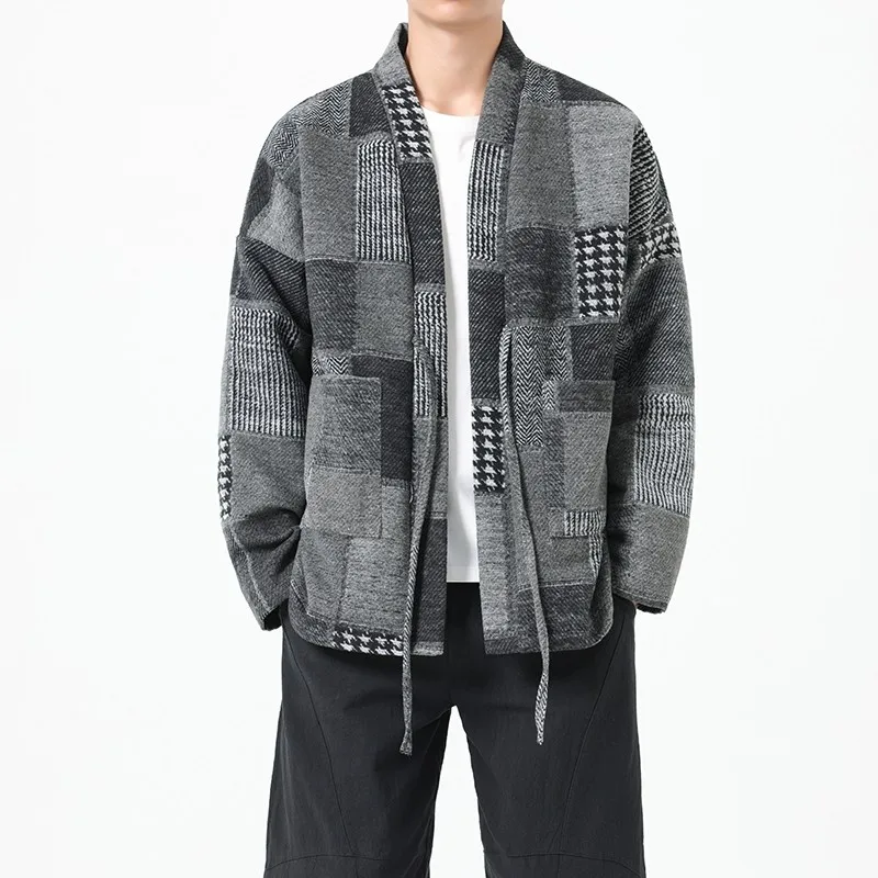 

Мужской зимний пальто-кимоно в стиле ретро, в клетку, из шерсти, в национальном винтажном стиле, свободного кроя, новинка