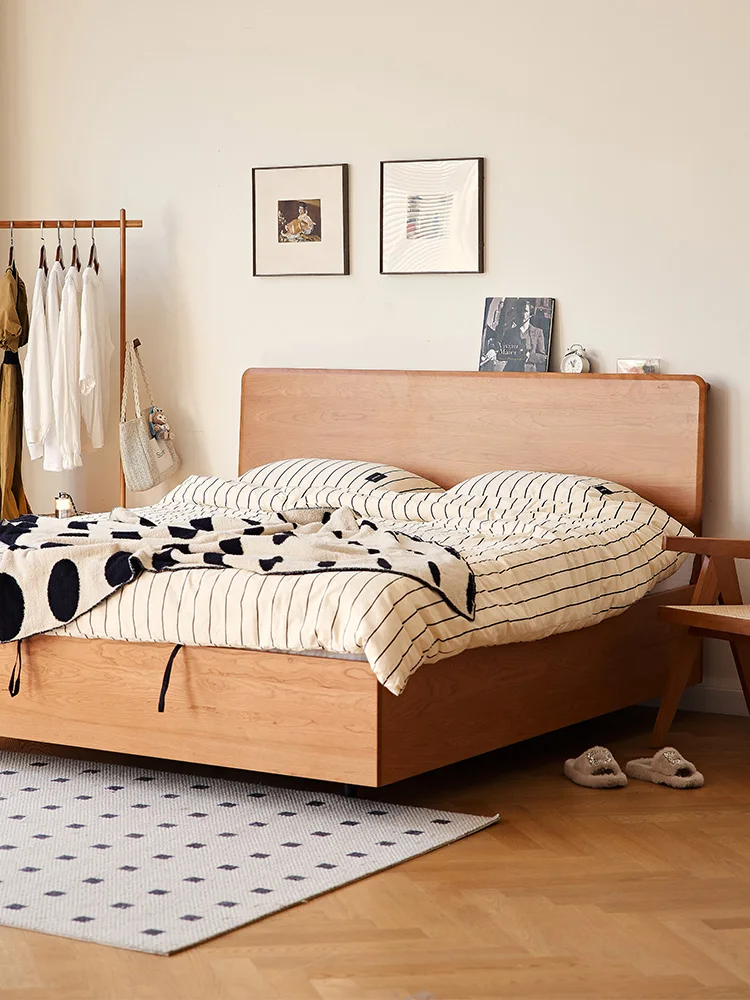 

Solid wood bed high air pressure storage bed small apartment with storage space cherry wood ground suspension