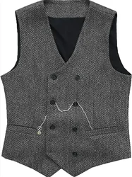 1 Pieces V Neck Men's Suit Vests Herringbone Wool Tweed  Waistcoat Tuxedo Groomsmen For Wedding Groom One Piece Vest