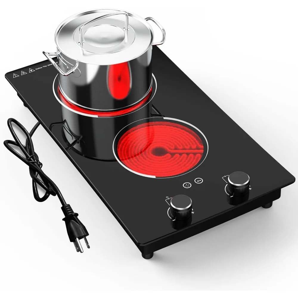 110v Electric Cooktop 2 Burners, 12'' Electric Stove Top with Plug in, Knob Control Countertop & Built-in Ceramic Cooktop