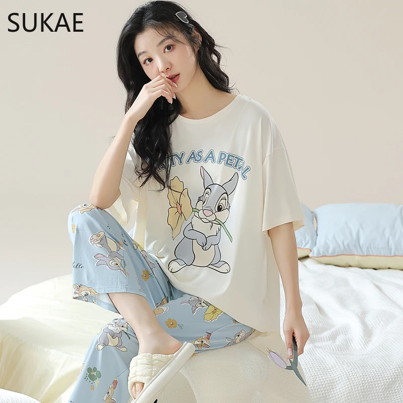 SUKAE Cute Animals Short Sleeves Full Pants Cartoon Sleepwear Women Summer Leisure Pajamas Nightwear Faux Cotton Girls Nightwear