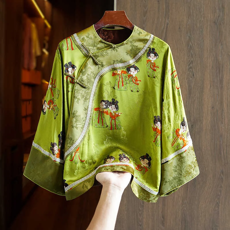 

Green High Grade Silk + Rayon New Jacket Women's O-Neck Raglan Sleeve Loose Retro Chinese Style Tang Dress Printed Top S-XL