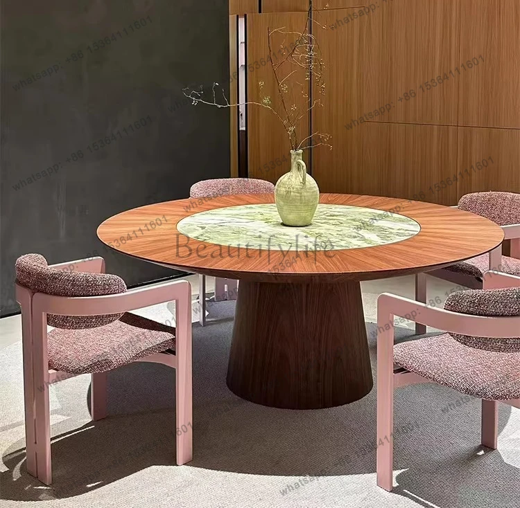 

Natural luxury stone dining table Modern medieval black walnut Italian minimalist inlaid marble round table