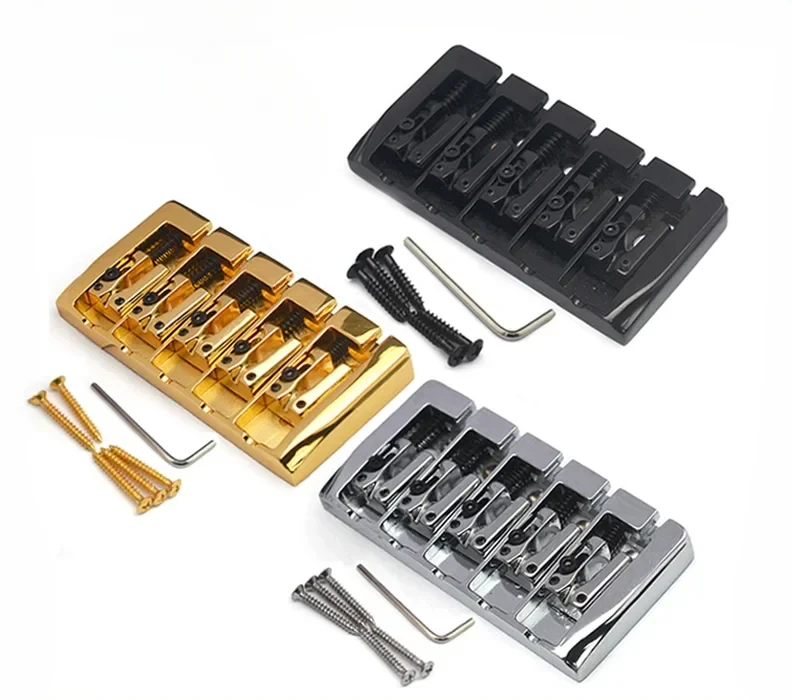 

Vintage 5 String Locked Saddle Bass Bridge 111x54MM Body Bottom Through String Spacing 19MM Bass Fixed Bridge Black/Gold/Chrome