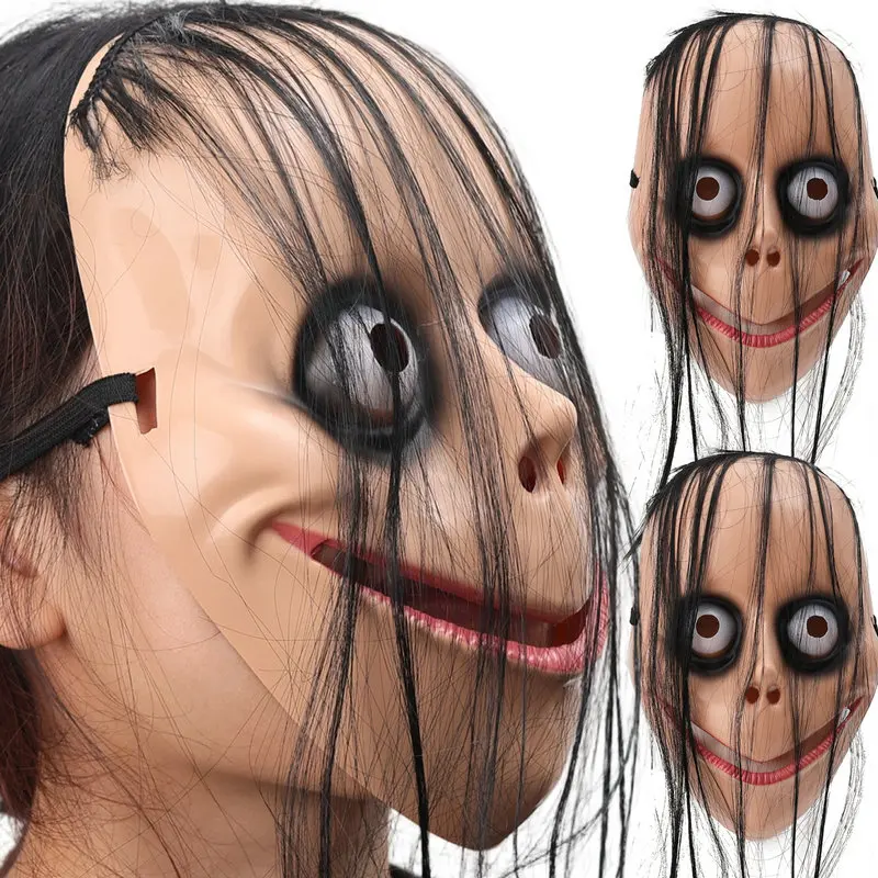 Nuovo Halloween Horror con capelli lunghi Cosplay Maschera fantasma femminile Maschere per giochi di ruolo Maschera divertente Maschera per bocca a forma di V Giocattoli ingannevoli per feste