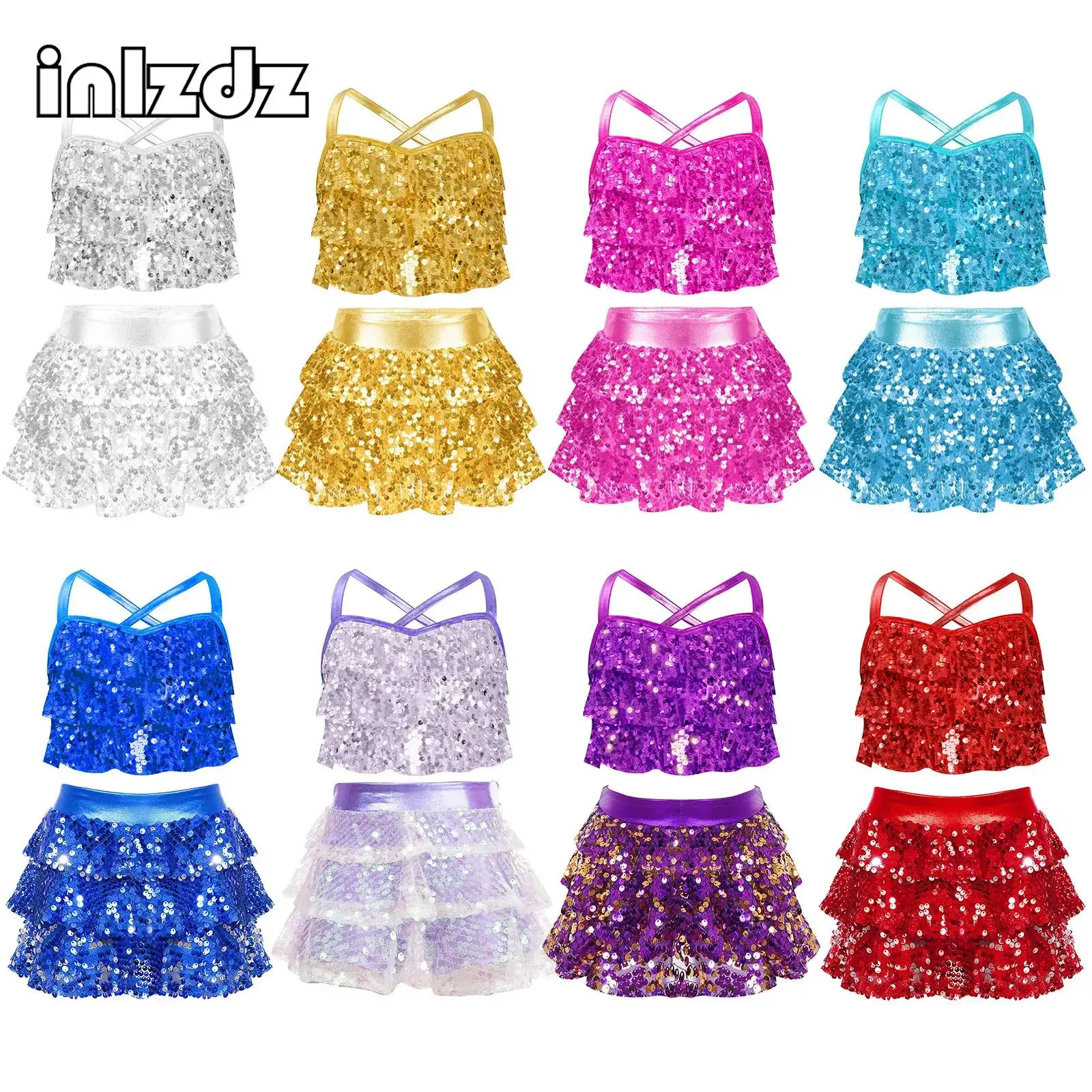 

Girls Sequins Jazz Latin Dance Outfits Halter Crop Top with Metallic Tiered Skirt for Salsa Samba Rumba Cheerleading Performance