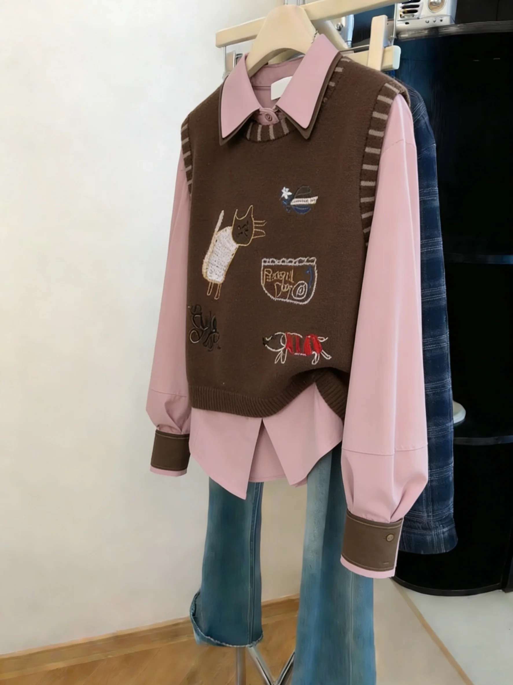 

Casual Sle Long Sve Ne irt Set Two Pieces Korean Sle Vintage College Sle No Sve Vest Set Youth Casual Wear