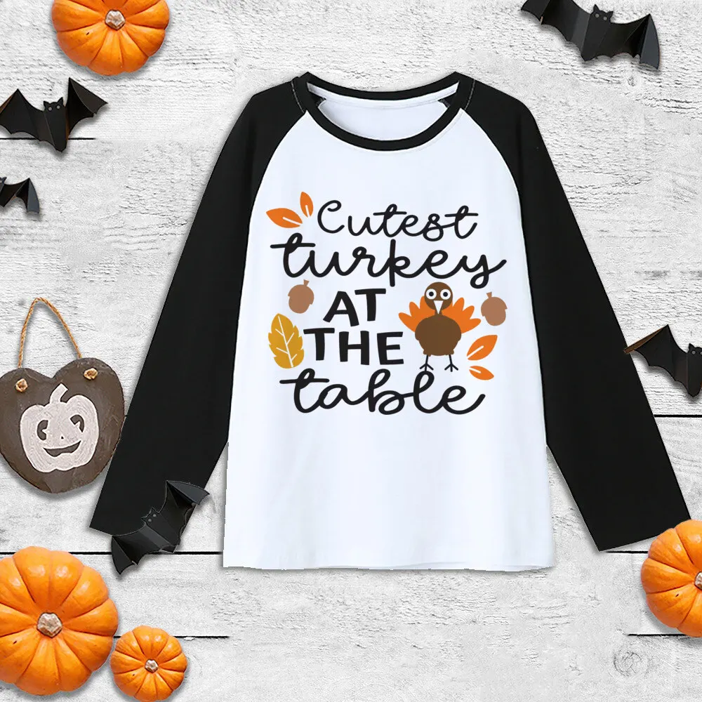 Cutest Turkey At The Table Shirt Thanksgiving Boy Girl Clothes Raglan Thanksgiving Kids Shirt Sibling Tee Fall Child Outfits